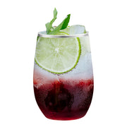 Clear plastic stemless wine glasses with a silver trim, 12 oz, ideal for weddings and upscale gatherings