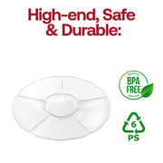 Clear plastic tray with 6 sections filled with fresh fruits, ideal for buffets, picnics, and celebrations