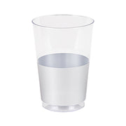 Clear plastic tumblers with a sleek metallic silver thick bottom, 12 oz capacity, round shape, and disposable convenience