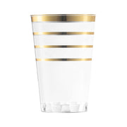 Clear plastic tumblers with an elegant gold stripe design, 12 oz capacity, round shape