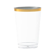 Clear plastic tumblers with an elegant metallic gold rim, 12 oz capacity, round shape, and disposable convenience