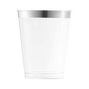 Clear plastic tumblers with an elegant metallic silver rim, 10 oz capacity, round shape, and disposable convenience