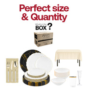 Clear plastic tumblers with gold rims complementing ivory napkins and tablecloths for weddings.