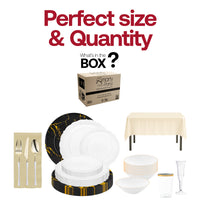 Clear plastic tumblers with gold rims complementing ivory napkins and tablecloths for weddings