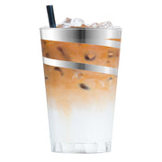 Clear plastic tumblers with silver swirl accents, round shape, disposable, 12-ounce capacity