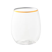 Clear plastic wine glasses with a fancy gold trim, 12 oz capacity, stemless design