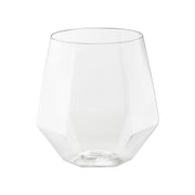 Clear plastic wine goblets featuring a modern hexagonal shape, 12 oz capacity