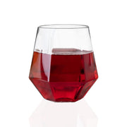 Clear plastic wine goblets with a geometric hexagonal design, stemless and 12 oz capacity, ideal for celebrations