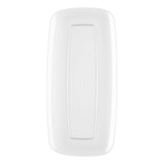 Clear rectangular disposable plastic plate with a flat raised edge, measuring 10.6x5 inches, sold in a 120-pack