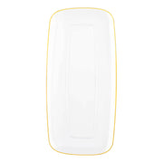 Clear rectangular disposable plastic plate with a gold rim and flat raised edges, measuring 10.6x5 inches, sold in a 120-pack