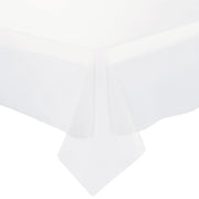 Clear rectangular disposable plastic tablecloth measuring 54" x 108", ideal for covering standard banquet tables.