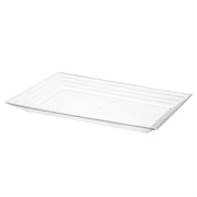 Clear rectangular plastic serving tray with a groove rim, ideal for elegant and versatile food presentation