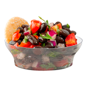 Clear round 10 oz plastic soup bowls with a delicate floral design, disposable and perfect for serving hot or cold soups