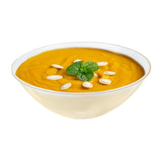 Clear round 32 oz disposable plastic bowls with a gold rim, durable and elegant