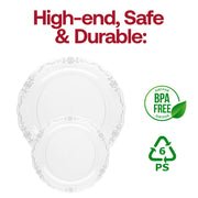 Clear round appetizer plates with a silver vintage-inspired rim, 7.5-inch diameter, disposable plastic, BPA-free
