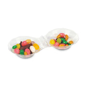 Clear round disposable 2-hole mini plastic candy bowls, 2.75" diameter, perfect for candies, snacks, or treats, 288 bowls per case.