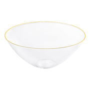 Clear round disposable plastic bowl with an elegant gold rim, 32 oz capacity