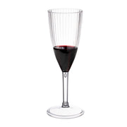 Clear round disposable plastic champagne flutes with a striped design, 8-ounce size, ideal for toasts and special events
