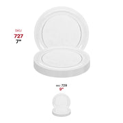 Clear round disposable plastic plates with an elegant floral pattern, 7-inch diameter, ideal for appetizers or small dishes, 240-pack.