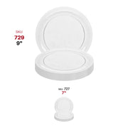 Clear round disposable plastic plates with an elegant floral pattern, 9-inch diameter.