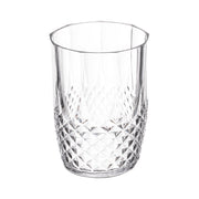 Clear round disposable plastic tumblers with a striped design, 16-ounce size