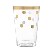 Clear round disposable plastic tumblers with gold dots, 12 oz capacity