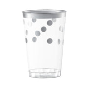 Clear round disposable plastic tumblers with silver dots, 12 oz capacity