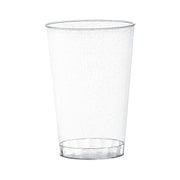 Clear round disposable plastic tumblers with silver glitter in a 240-pack