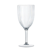 Clear round disposable plastic wine flutes with a striped design, 12-ounce size