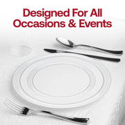 Clear round disposable plates, 6.25-inch diameter with a flat design, made of plastic and sold in a 120-pack