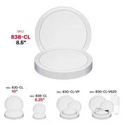 Clear round disposable plates, 8.5-inch diameter, made of strong plastic with a flat design