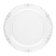Clear round disposable salad plates with a silver decorative vintage rim