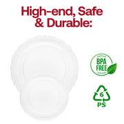 Clear round disposable salad plates with a vintage-inspired design, 7.5-inch size, made from durable plastic, BPA-free