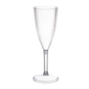 Clear round plastic champagne flute with a striped design, 8 oz capacity, disposable
