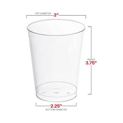 Clear round plastic cups, 10 oz capacity, measuring 3” x 3.75” x 2.25'', available in a bulk pack of 600