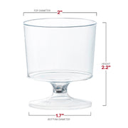 Clear round plastic disposable mini wine glasses in a 480-pack, each holding 2 oz, measuring 2” x 2.2” x 1.7”