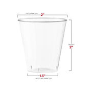 Clear round plastic disposable shot glasses with dimensions of 2'' x 2'' x 1.5'', perfect for small servings
