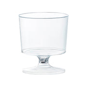 Clear round plastic mini wine glasses, 2 oz, lightweight yet sturdy, ideal for easy cleanup at events