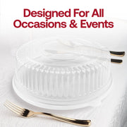 Clear round plastic tray lids provide professional-looking coverage for catered hors d’oeuvres and dessert assortments