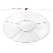 Clear round plastic tray with 14-inch diameter and six divided sections, designed for organized food presentation