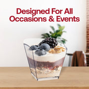 Clear small square disposable cups, 3.5 oz capacity, 2.25" x 2.25", ideal for individual portions, 288 cups per case.