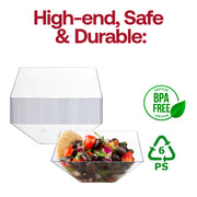 Clear square bowl used at a wedding reception, designed for all occasions and events, holding a colorful salad display