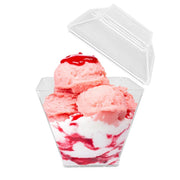 Clear square disposable mini cups with lids, 3.5 oz capacity, 2.25" x 2.25", perfect for serving small portions or treats, 288 cups.