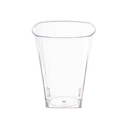 Clear square plastic cups, 8 oz capacity, sturdy and stylish, perfect for serving beverages at events and gatherings