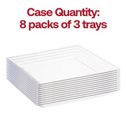 Clear square serving tray measuring 12 inches by 12 inches with a grooved rim to help contain food items