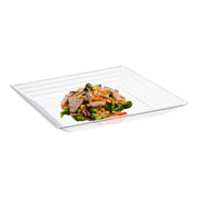 Clear square tray with groove rim filled with meat, broccoli, carrots, and corn, ideal for buffet or meal plating