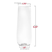 Clear stemless plastic champagne flutes in a 64-pack, each holding 9 oz, measuring 1.75” x 5.25”, perfect for celebrations and events