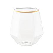Clear stemless plastic wine goblets with a gold rim and hexagonal design, 12 oz