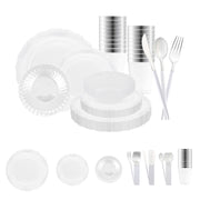 Clear with Silver Vintage Disposable Plastic Tableware Set adds sleek refinement and versatile charm to modern celebrations