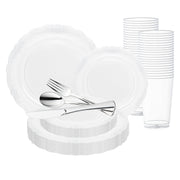 Clear with Silver Vintage Rim Round Disposable Plastic Wedding Value Set with silver cutlery, featuring a clear design with elegant silver vintage rims, perfect for adding timeless sophistication to your celebration